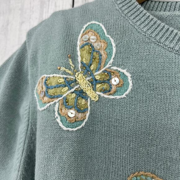 American VINTAGE SMALL 80's Butterfly Embroidered Knit Sweater Short Sleeve - Picture 5 of 9